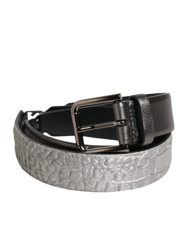 Dolce & Gabbana Black Silver Pebbled Texture Leather Buckle Men Belt