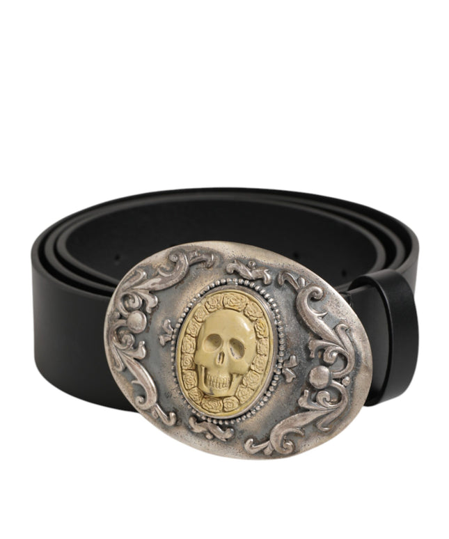 Dolce & Gabbana Black Leather Ornate Metal Buckle Men Belt