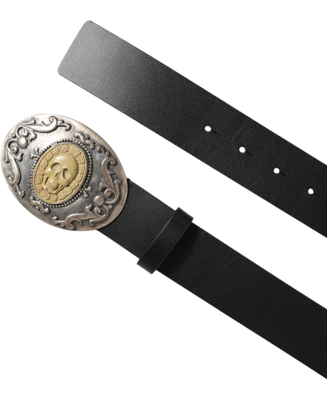 Dolce & Gabbana Black Leather Ornate Metal Buckle Men Belt