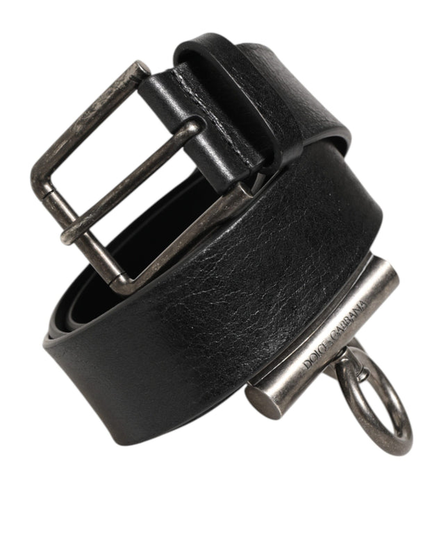 Dolce & Gabbana Black Leather Side Rings Brass Buckle Belt
