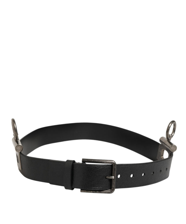 Dolce & Gabbana Black Leather Side Rings Brass Buckle Belt
