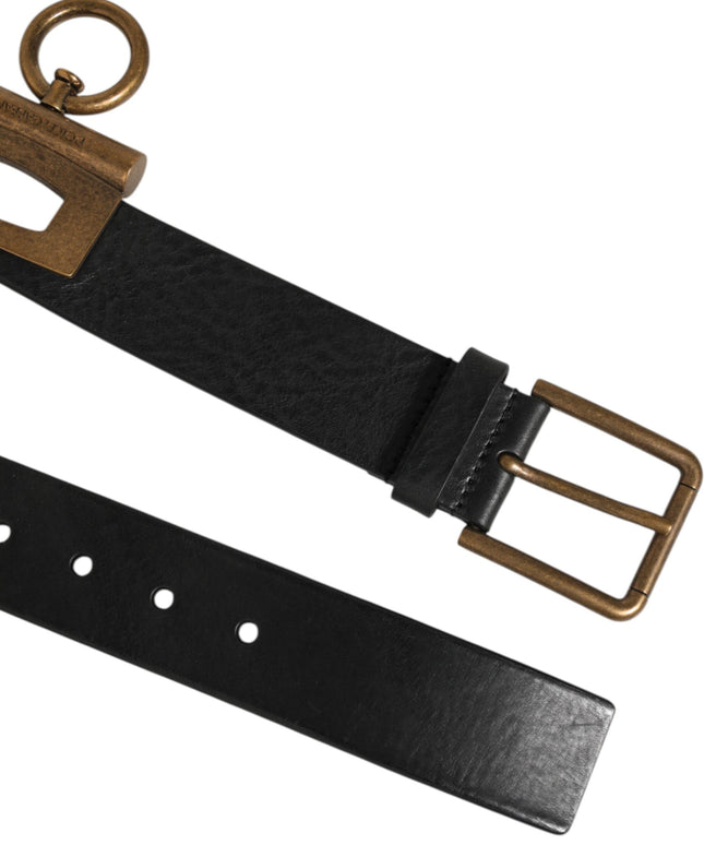 Dolce & Gabbana Black Leather Side Rings Brass Buckle Belt