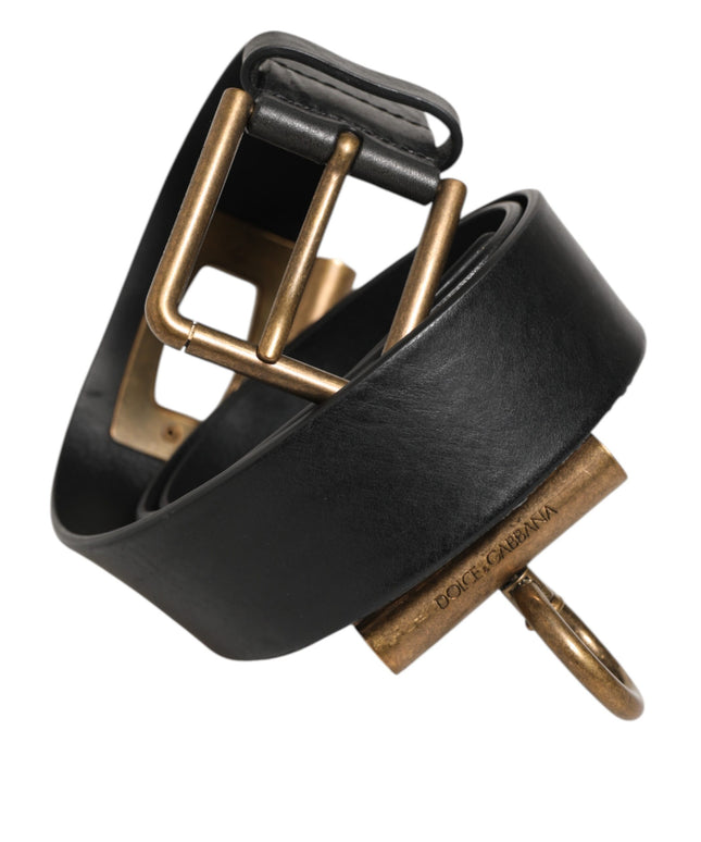 Dolce & Gabbana Black Leather Side Rings Brass Buckle Belt