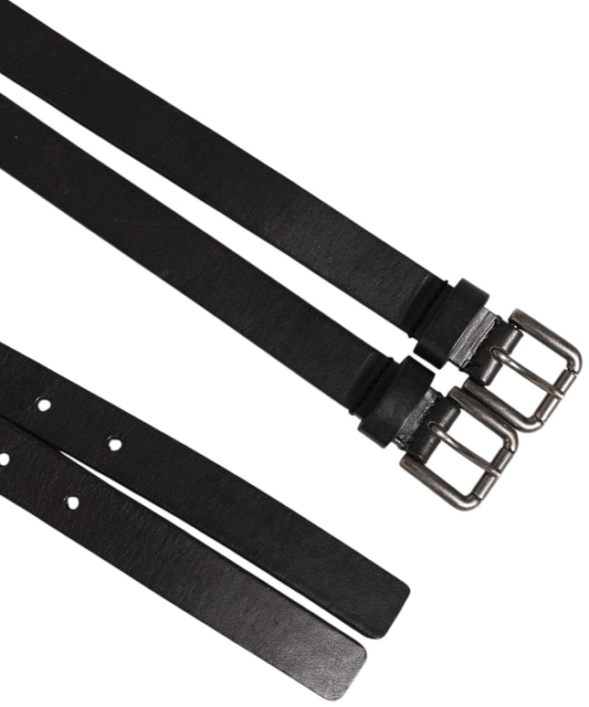 Dolce & Gabbana Black Double Strap Leather Silver Buckle Belt