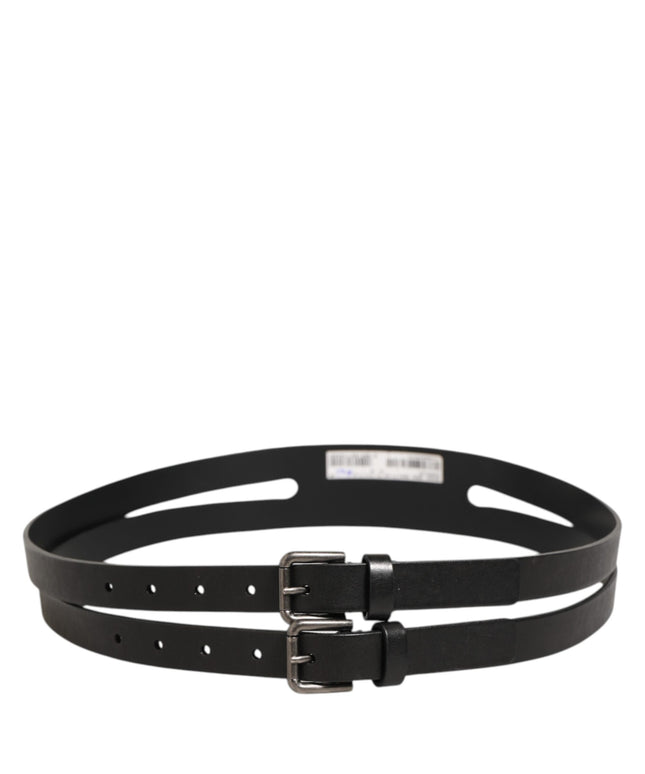 Dolce & Gabbana Black Double Strap Leather Silver Buckle Belt