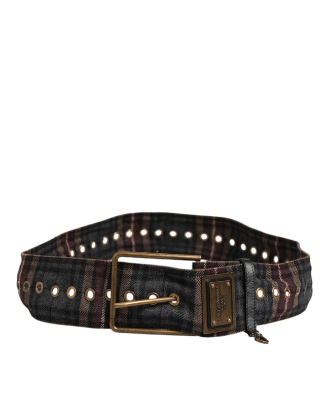 Dolce & Gabbana Plaid Fabric Logo Plate Brass Buckle Belt
