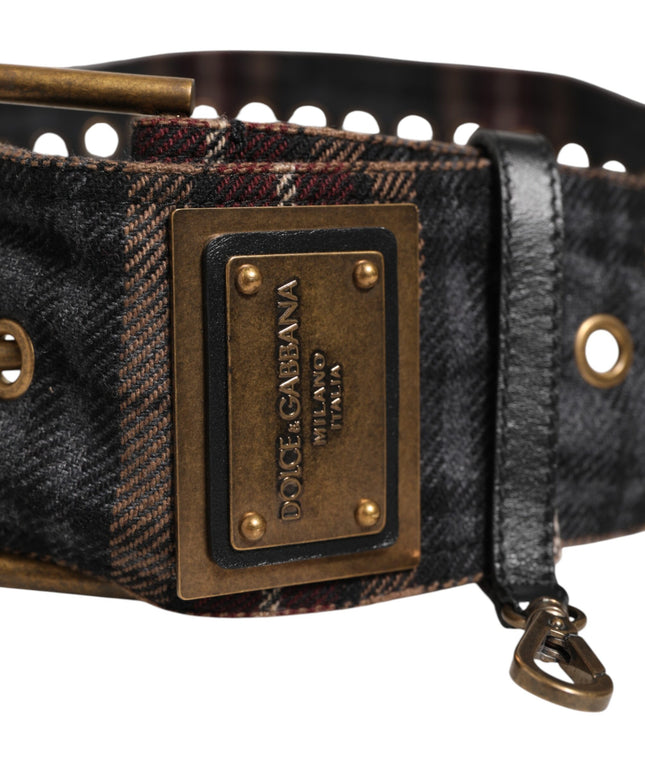 Dolce & Gabbana Plaid Fabric Logo Plate Brass Buckle Belt