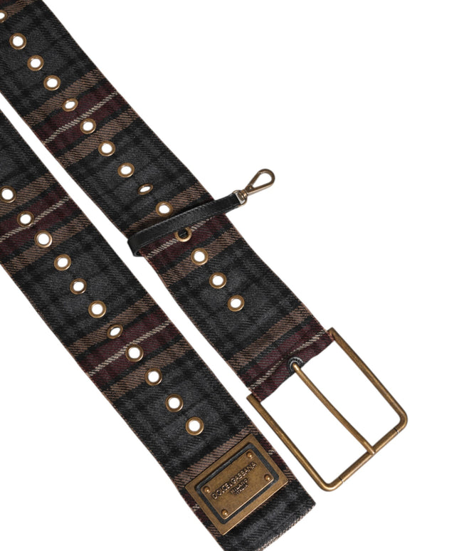 Dolce & Gabbana Plaid Fabric Logo Plate Brass Buckle Belt