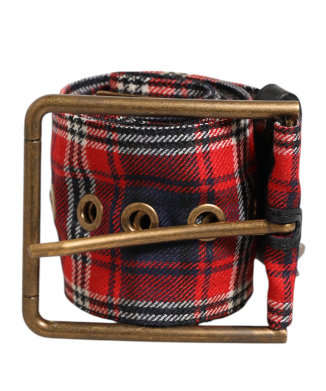 Dolce & Gabbana Red Plaid Fabric Logo Plate Brass Buckle Belt