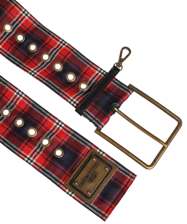 Dolce & Gabbana Red Plaid Fabric Logo Plate Brass Buckle Belt