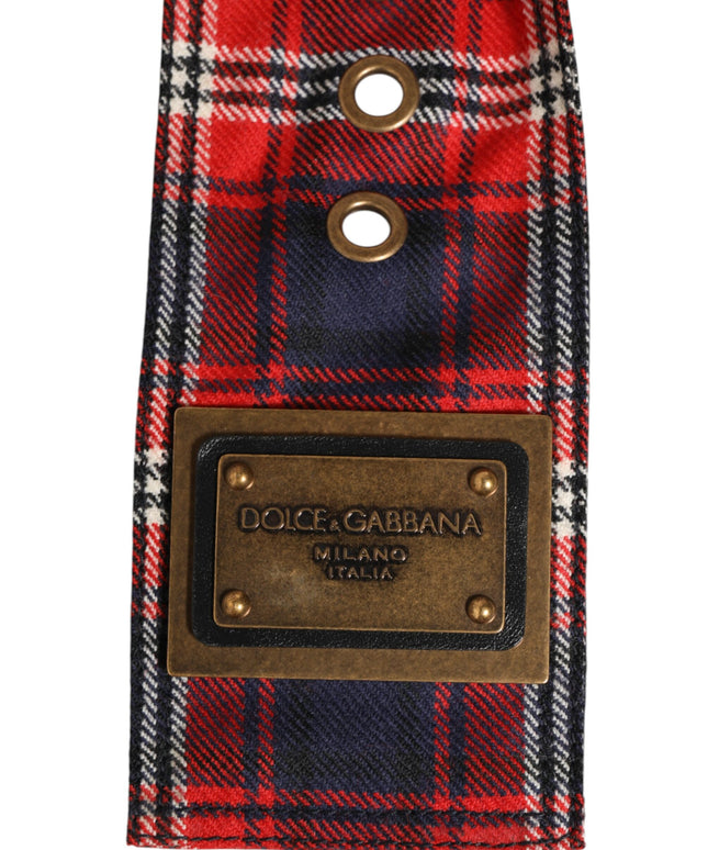 Dolce & Gabbana Red Plaid Fabric Logo Plate Brass Buckle Belt