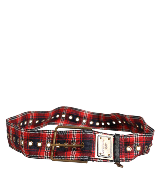 Dolce & Gabbana Red Plaid Fabric Logo Plate Brass Buckle Belt