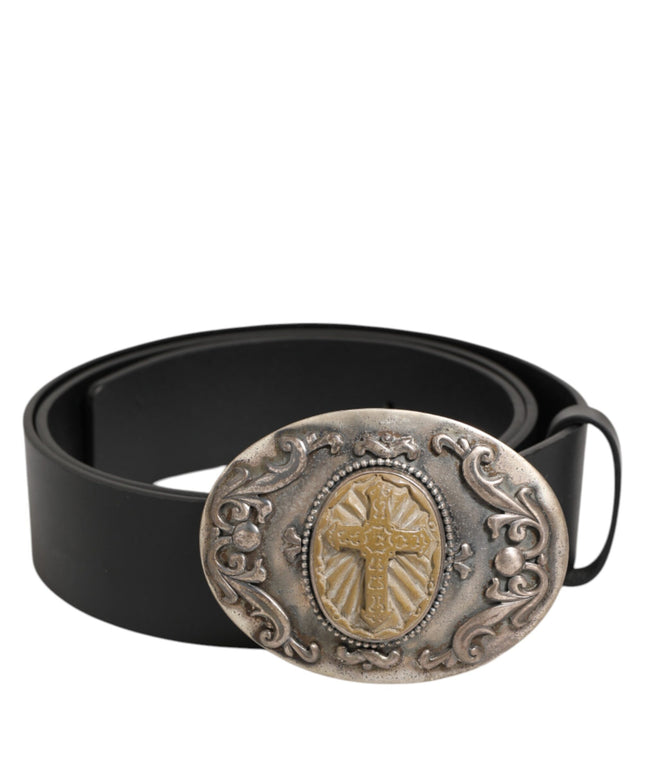 Dolce & Gabbana Black Leather Ornate Metal Buckle Men Belt