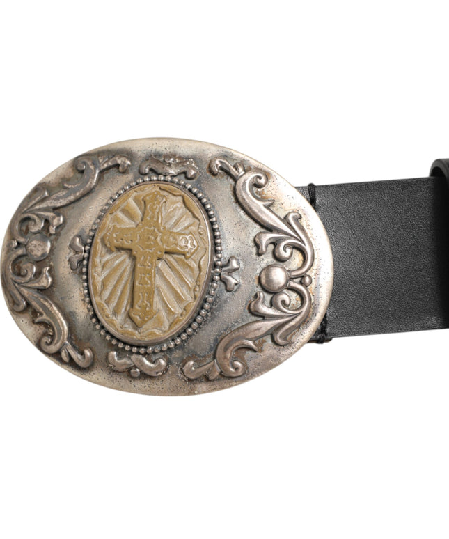 Dolce & Gabbana Black Leather Ornate Metal Buckle Men Belt