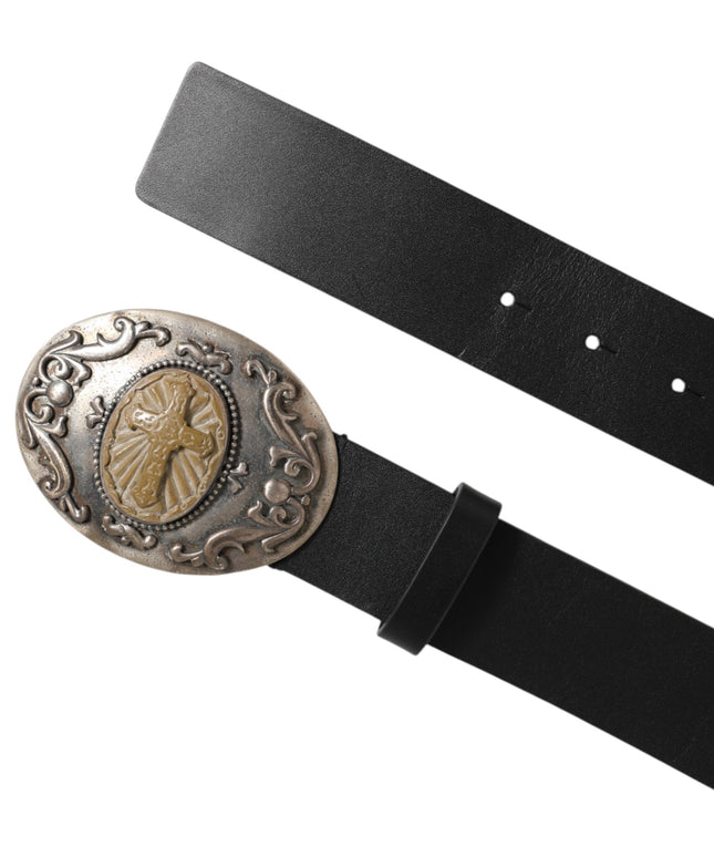 Dolce & Gabbana Black Leather Ornate Metal Buckle Men Belt