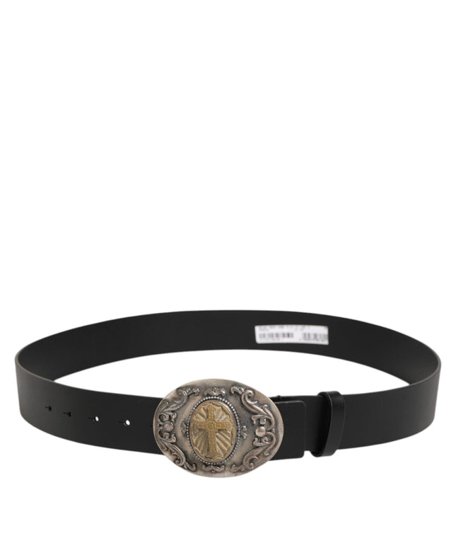 Dolce & Gabbana Black Leather Ornate Metal Buckle Men Belt