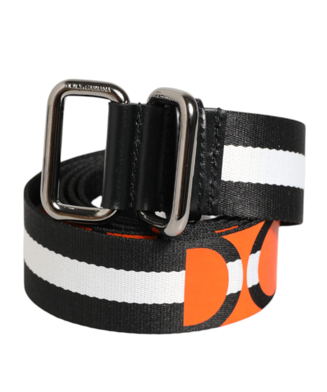 Dolce & Gabbana Black White Striped Logo Metal Buckle Belt