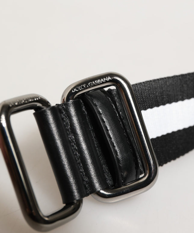 Dolce & Gabbana Black White Striped Logo Metal Buckle Belt