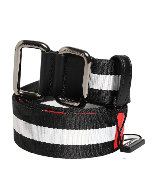 Dolce & Gabbana Black White Striped Logo Metal Buckle Belt