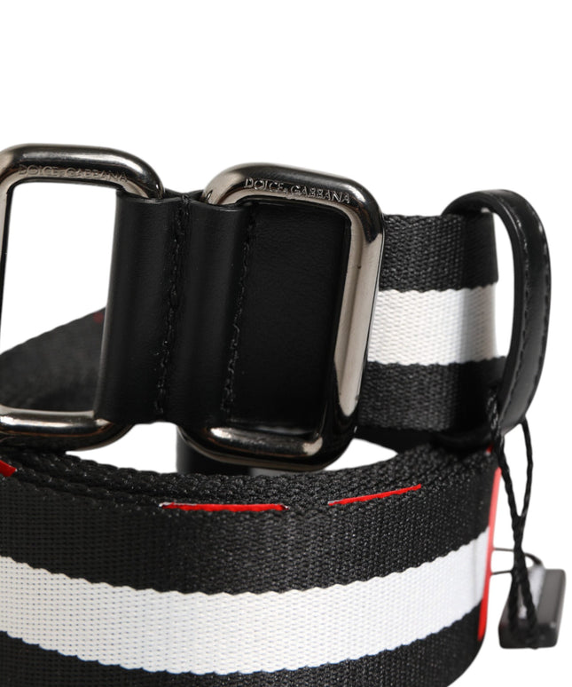 Dolce & Gabbana Black White Striped Logo Metal Buckle Belt