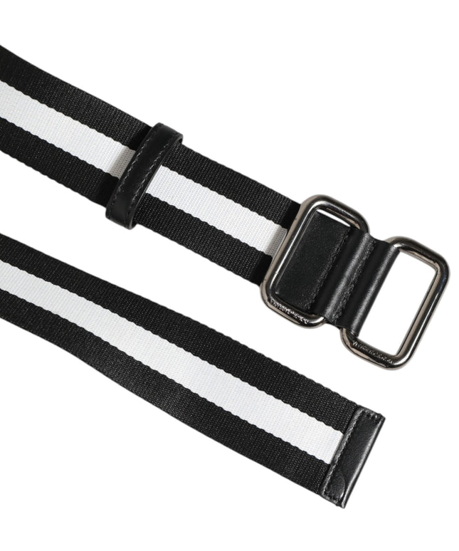 Dolce & Gabbana Black White Striped Logo Metal Buckle Belt