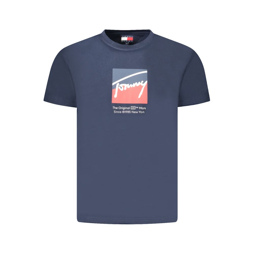 Tommy Hilfiger Blue Cotton T-Shirt featuring a bold graphic logo on the chest, short sleeves, and crew neckline. Ideal for casual men's fashion.