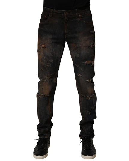 Dolce & Gabbana Black Cotton Skinny Tattered Men Denim Jeans