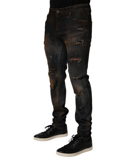 Dolce & Gabbana Black Cotton Skinny Tattered Men Denim Jeans
