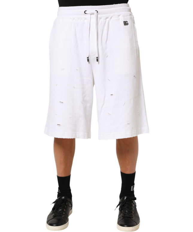 Dolce & Gabbana White Cotton Ripped Bermuda Sweatpants Shorts