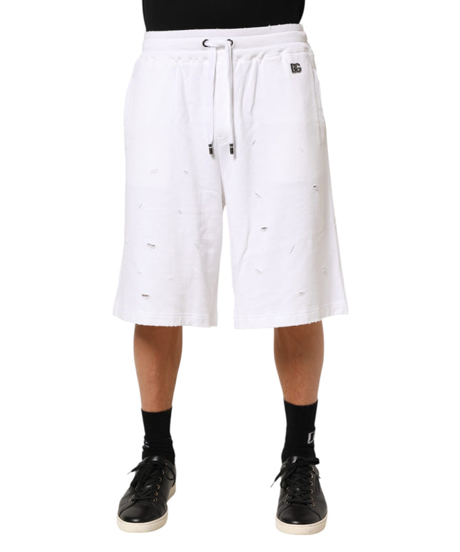 Dolce & Gabbana White Cotton Ripped Bermuda Sweatpants Shorts