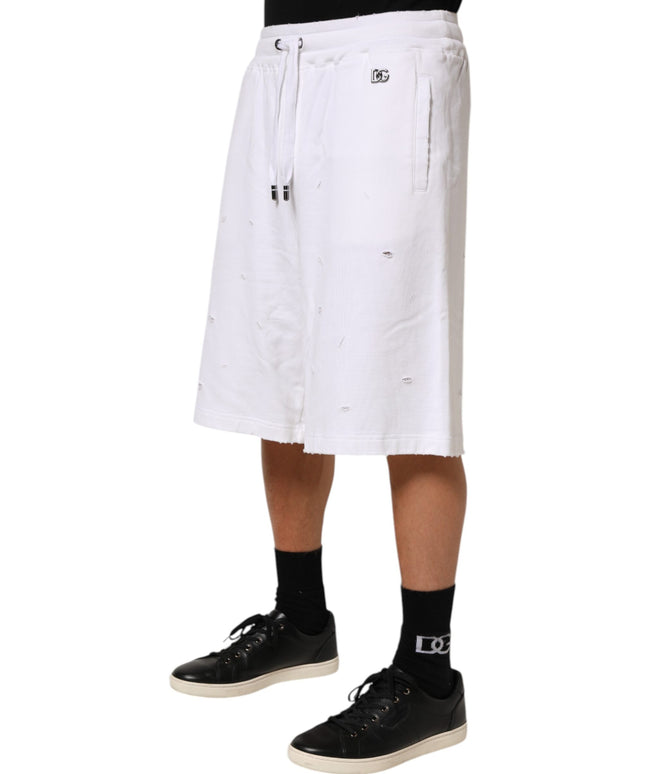Dolce & Gabbana White Cotton Ripped Bermuda Sweatpants Shorts