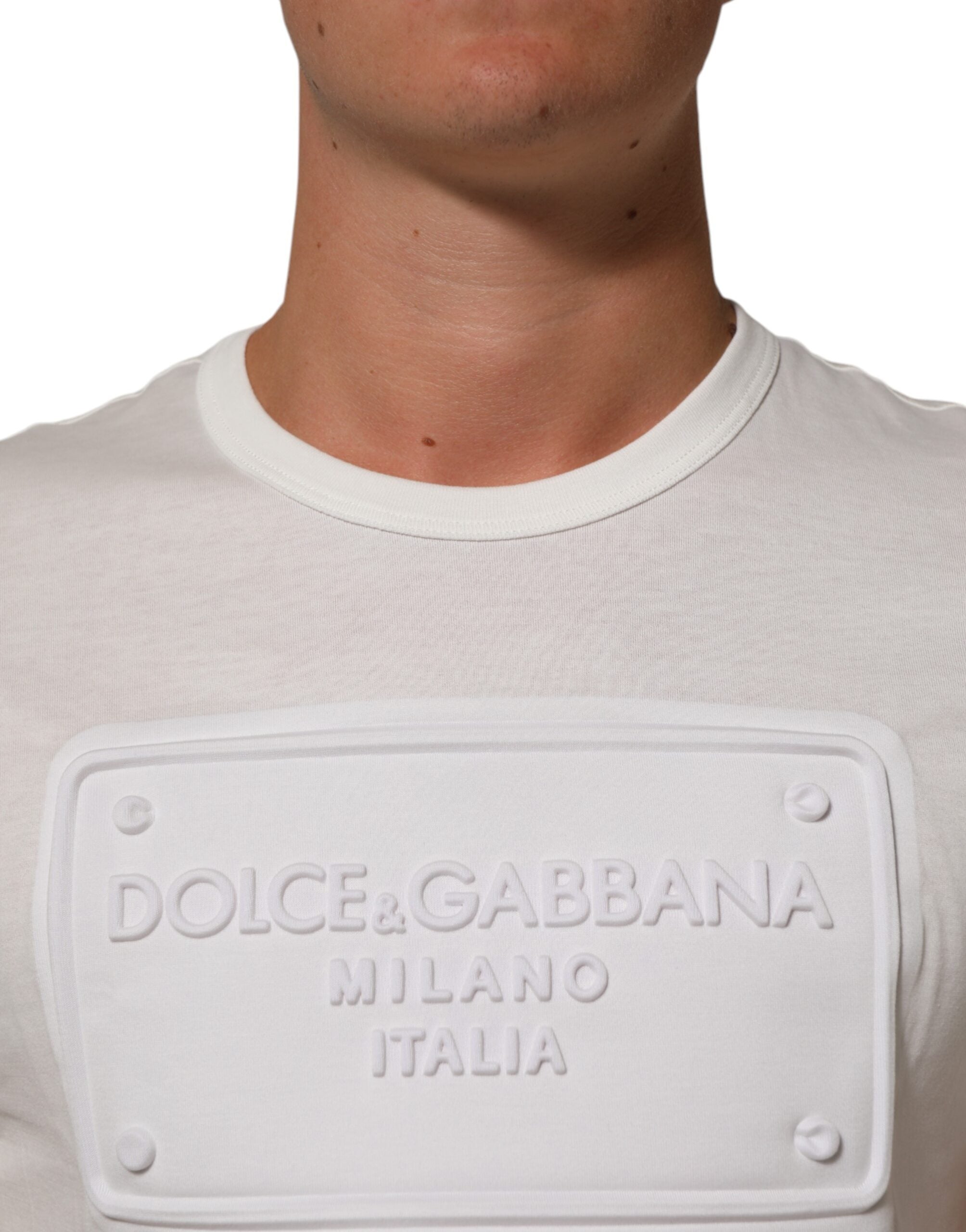 Dolce & Gabbana White Logo Patch Cotton Crew Neck Men T-shirt