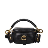 Chloé black leather handbag with gold-tone hardware, top handle, and front buckle detail. Compact luxury bag ideal for women’s fashion accessories.