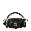 Chloé black leather handbag with gold-tone hardware, top handle, and front buckle detail. Compact luxury bag ideal for women’s fashion accessories.