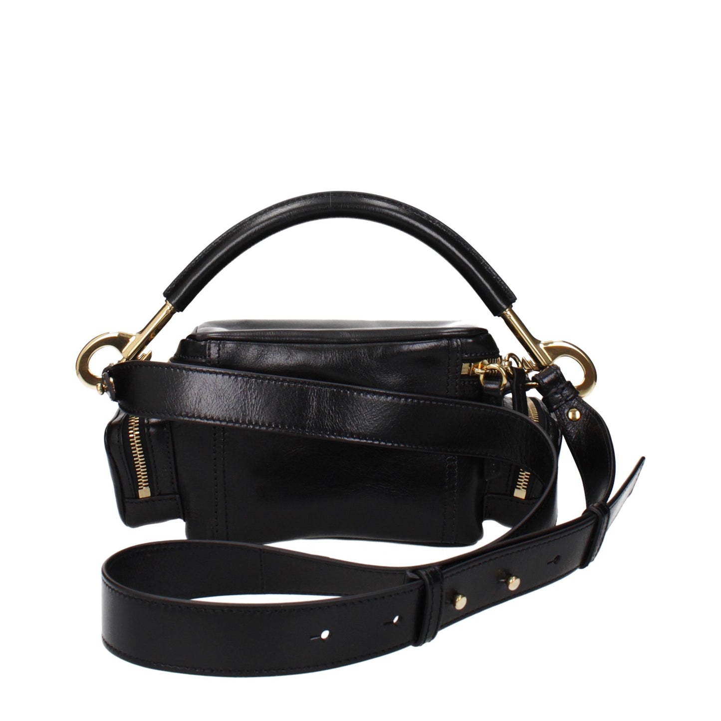Back view of Chloé black leather handbag with smooth finish, wide adjustable shoulder strap, and gold hardware accents for a chic designer look.