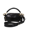 Back view of Chloé black leather handbag with smooth finish, wide adjustable shoulder strap, and gold hardware accents for a chic designer look.
