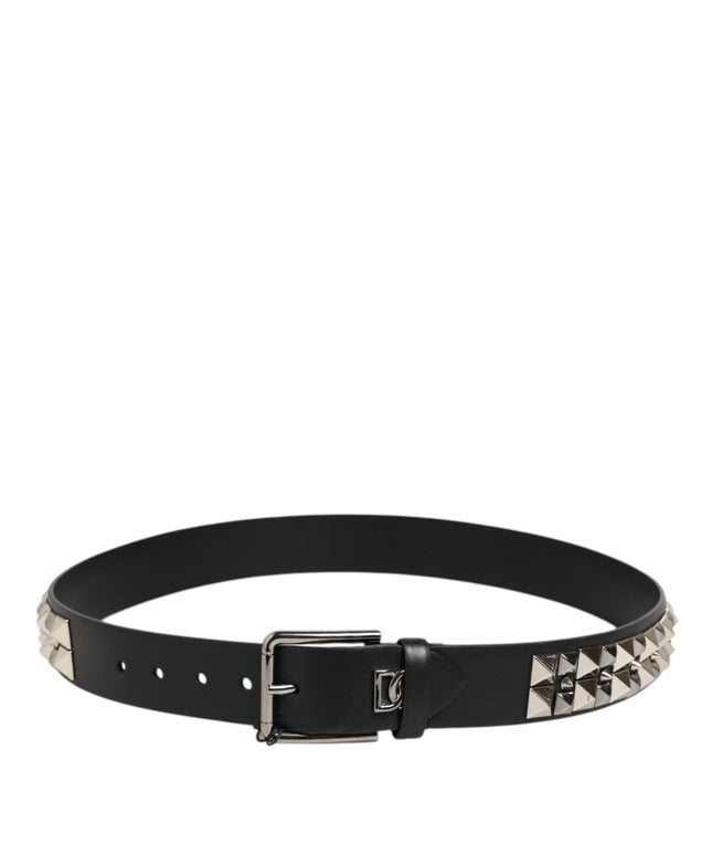 Dolce & Gabbana Black Calf Leather Studded Silver Buckle Belt