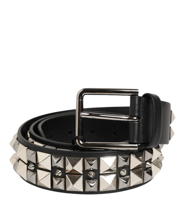 Dolce & Gabbana Black Calf Leather Studded Silver Buckle Belt