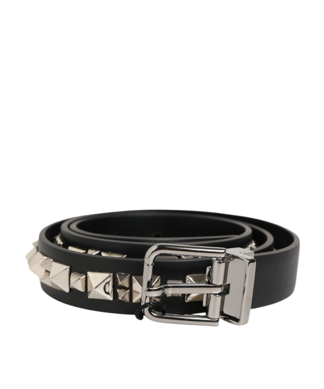 Dolce & Gabbana Black Leather Studded Silver-Tone Buckle Belt