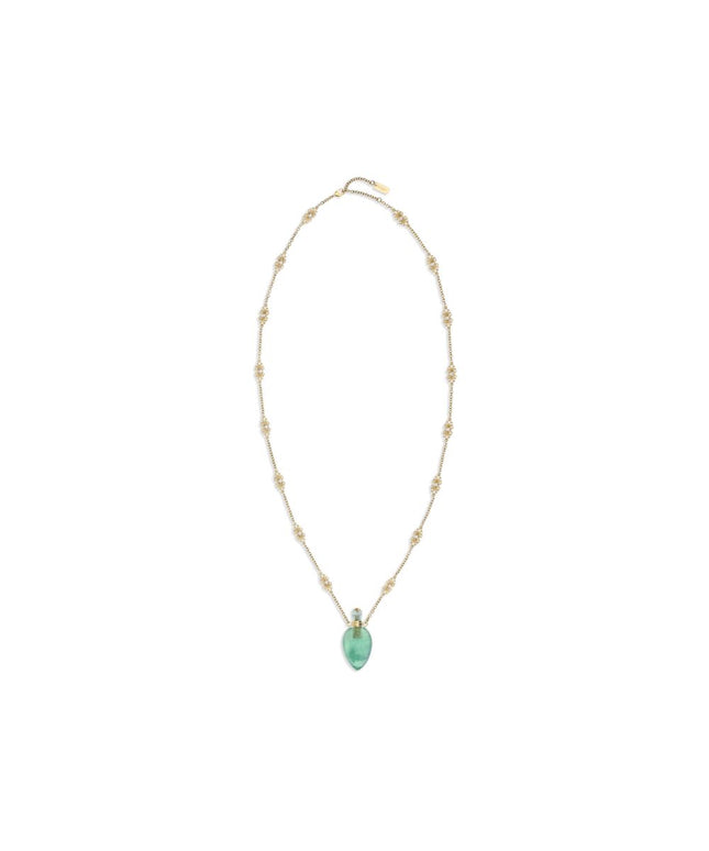 Chloé Elixir Pendant Necklace featuring a gold-tone chain with intricate bead detailing and a green teardrop-shaped pendant. Elegant women's accessory.