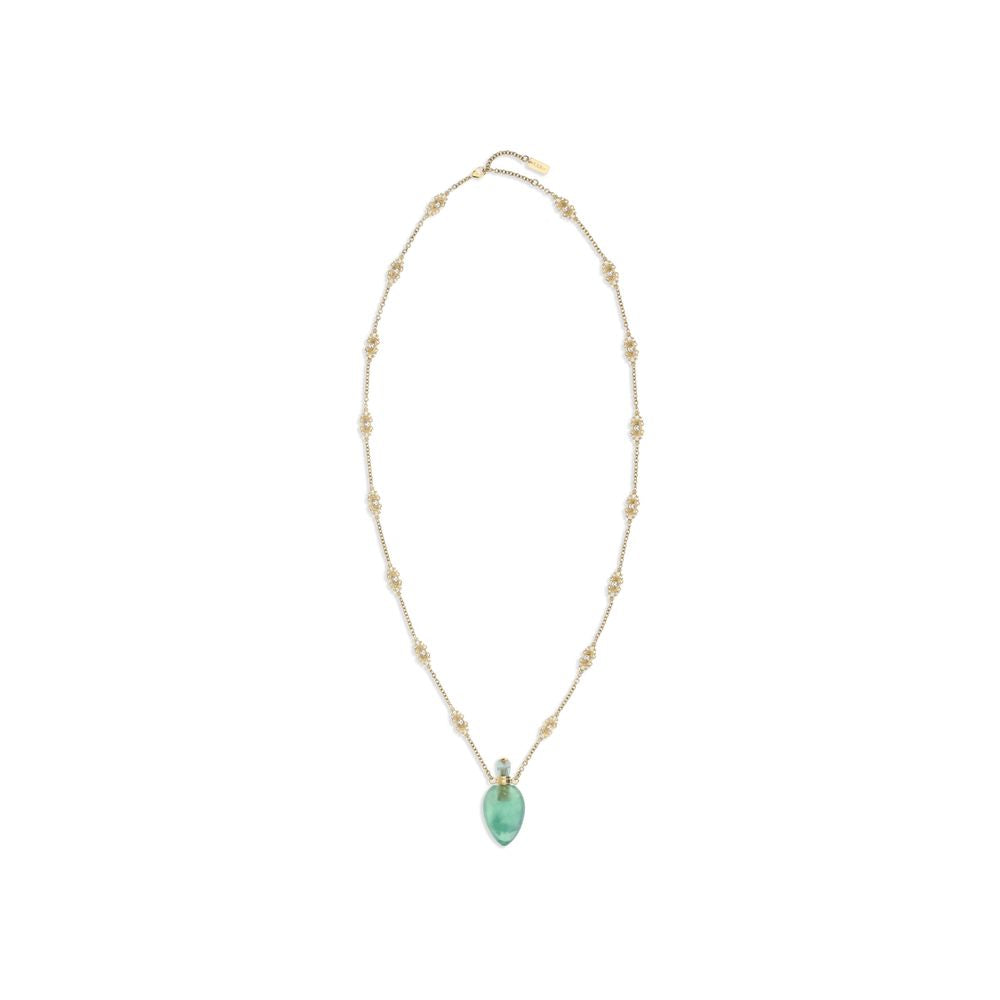 Chloé Elixir Pendant Necklace featuring a gold-tone chain with intricate bead detailing and a green teardrop-shaped pendant. Elegant women's accessory.