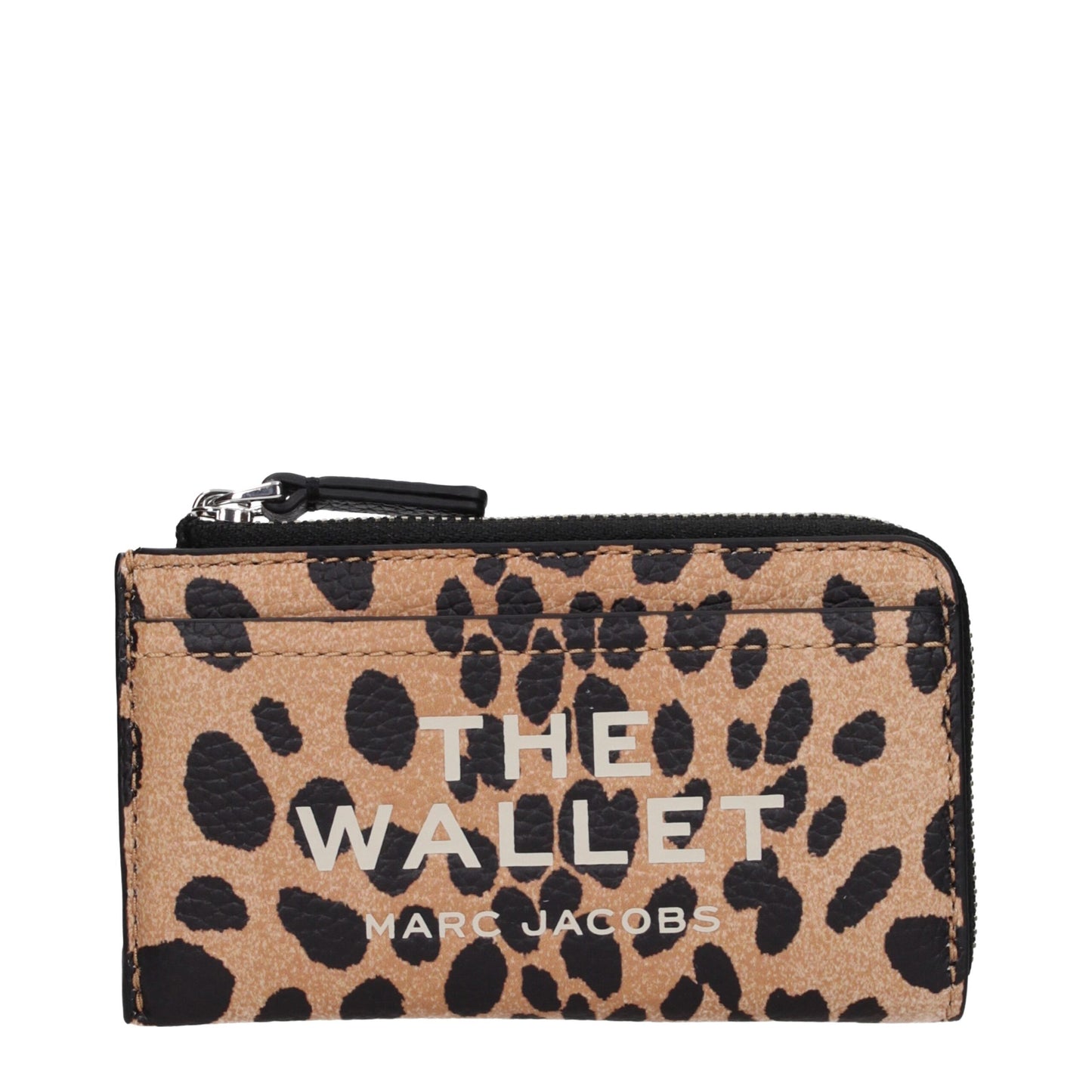 Marc Jacobs brown leather wallet with black leopard print and white 'The Wallet' text, compact zippered design for women’s accessories.