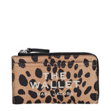 Marc Jacobs brown leather wallet with black leopard print and white 'The Wallet' text, compact zippered design for women’s accessories.