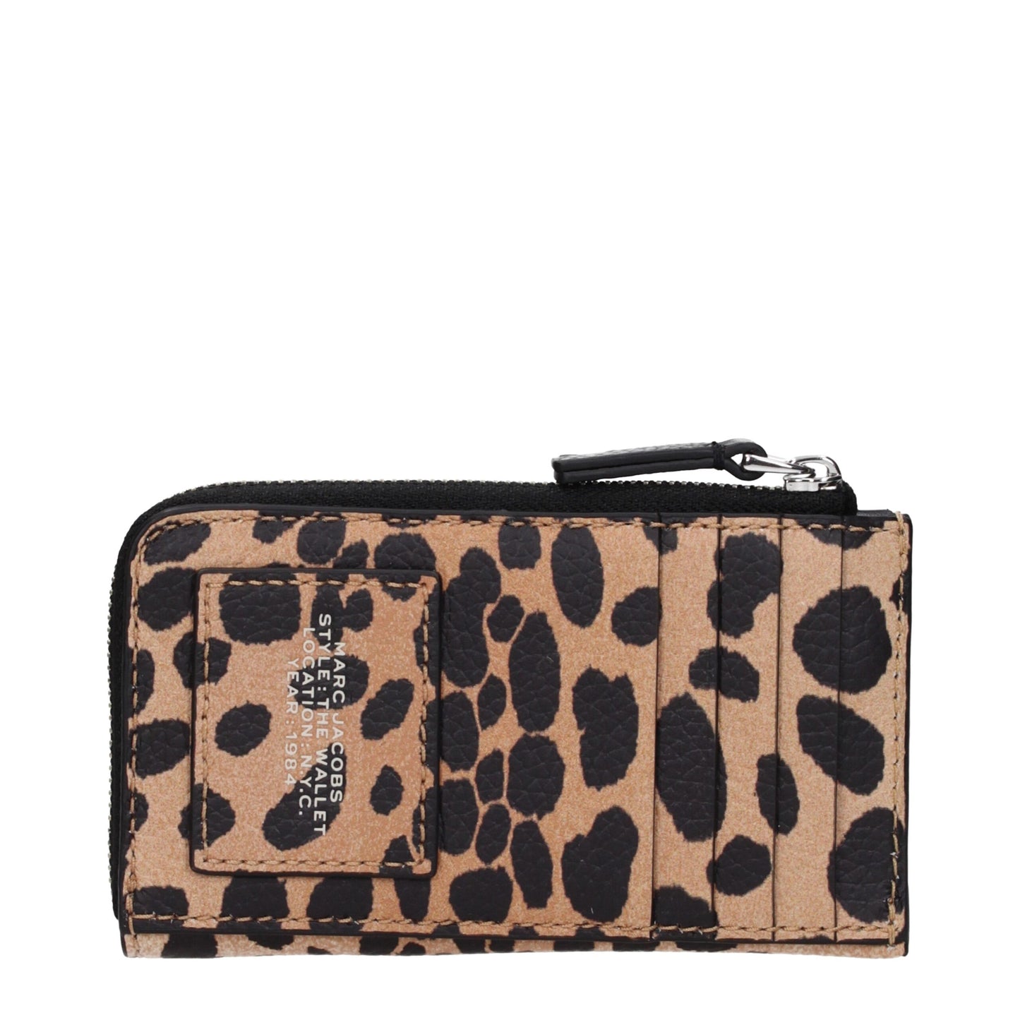 Back view of Marc Jacobs brown leather wallet featuring black leopard pattern, multiple card slots, and ID window for women's accessories.