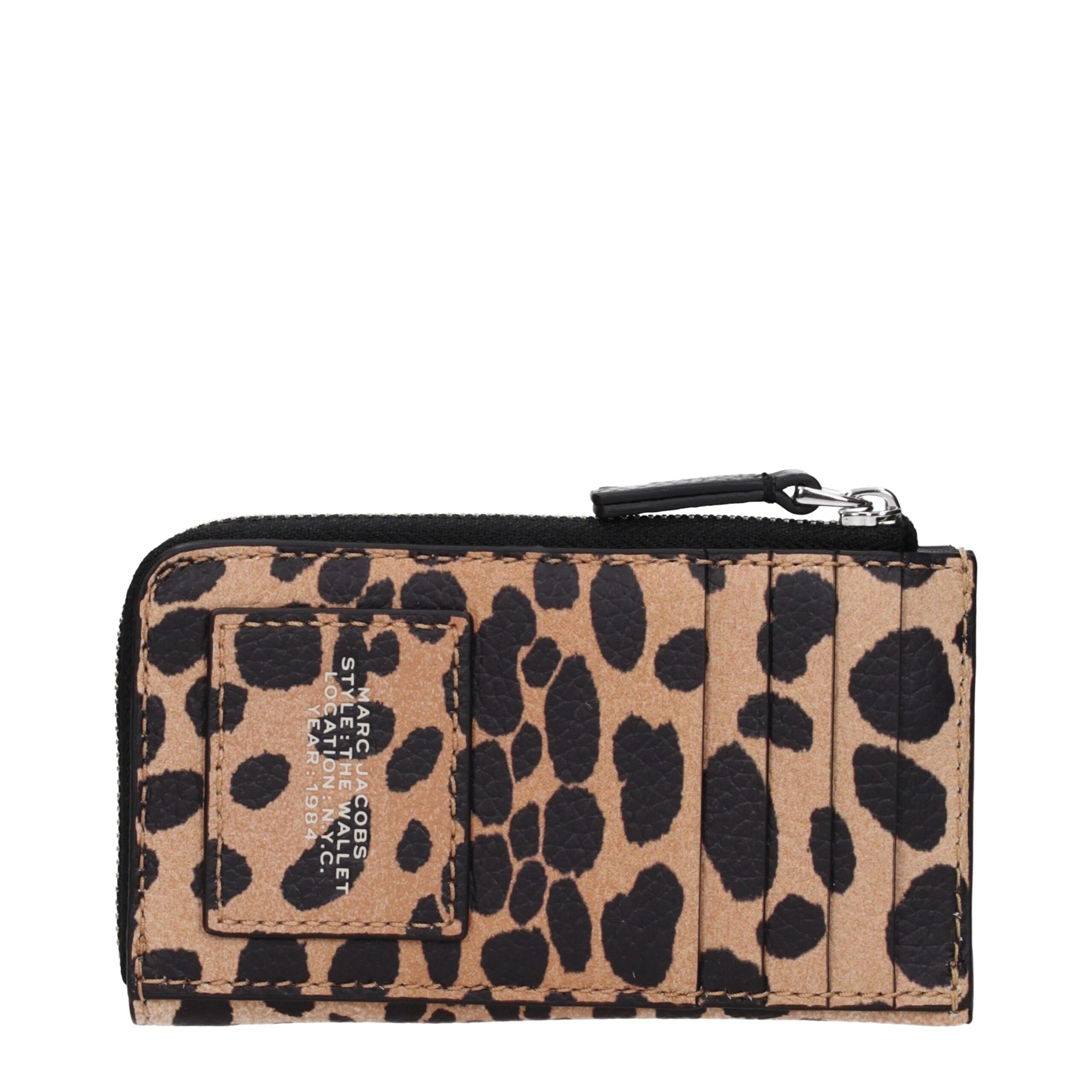 Back view of Marc Jacobs brown leather wallet featuring black leopard pattern, multiple card slots, and ID window for women's accessories.