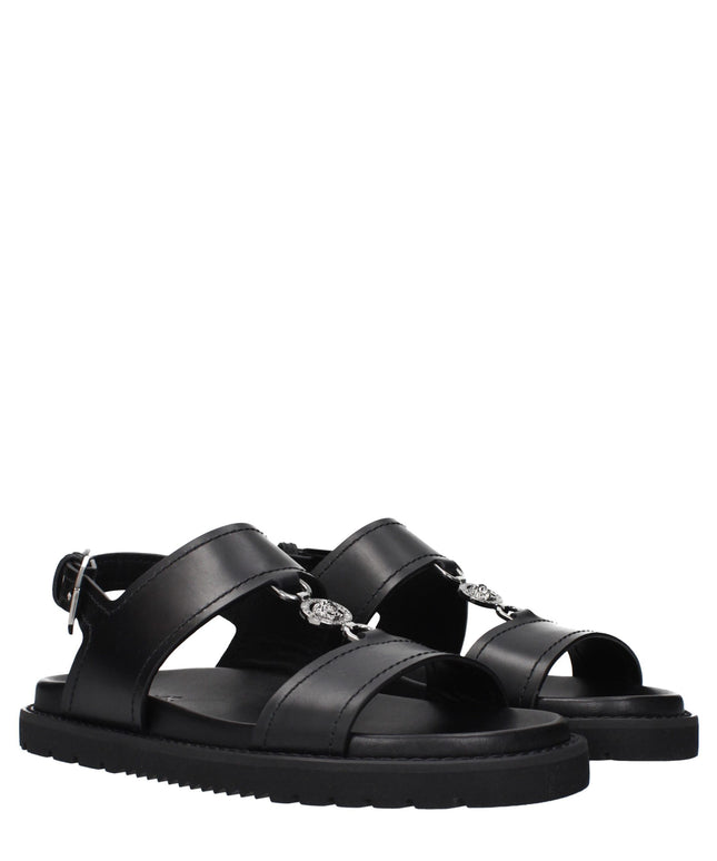 Versace Black Leather Flat Sandals