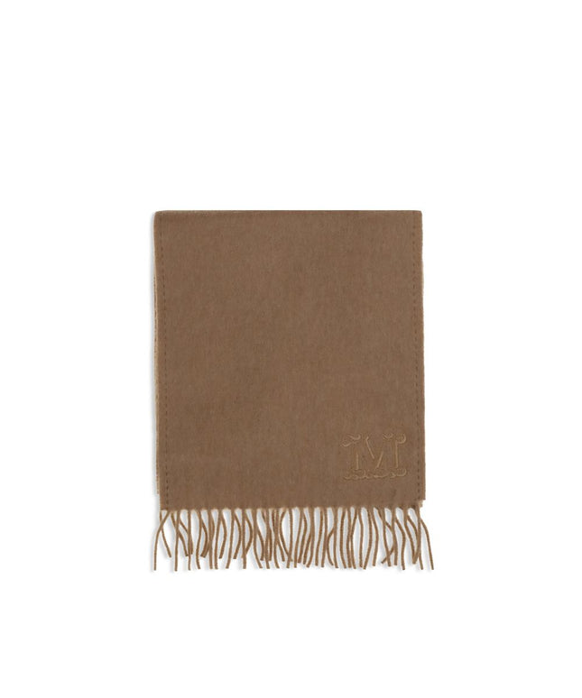 Max Mara Camel Scarf in soft brown wool neatly folded with fringe detailing and embroidered logo, ideal for women's winter accessories.