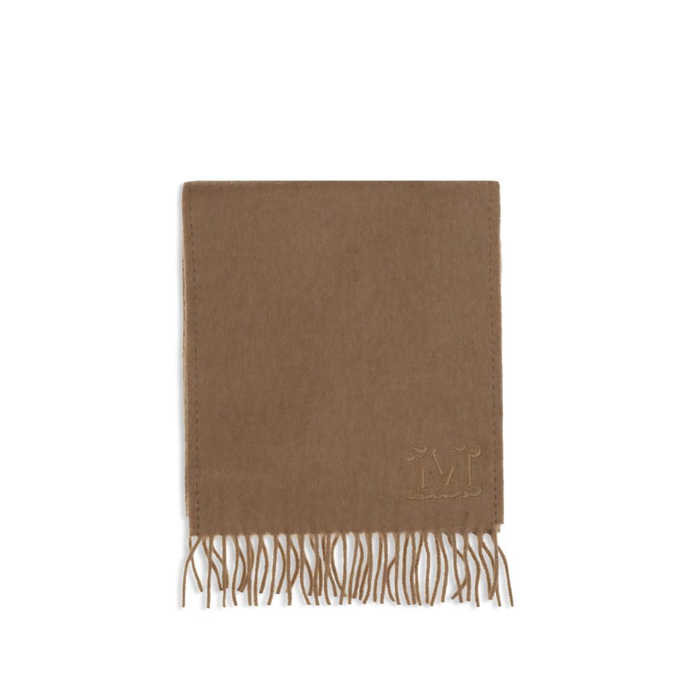 Max Mara Camel Scarf in soft brown wool neatly folded with fringe detailing and embroidered logo, ideal for women's winter accessories.
