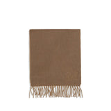 Max Mara Camel Scarf in soft brown wool neatly folded with fringe detailing and embroidered logo, ideal for women's winter accessories.