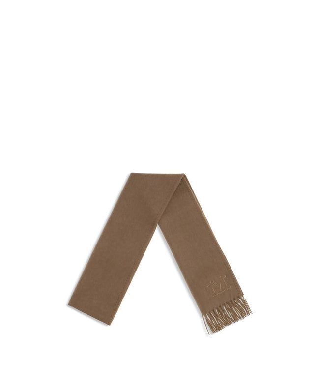 Max Mara Camel Scarf displayed in full length showing elegant brown tone, fringe edges, and subtle logo, perfect for stylish layering.